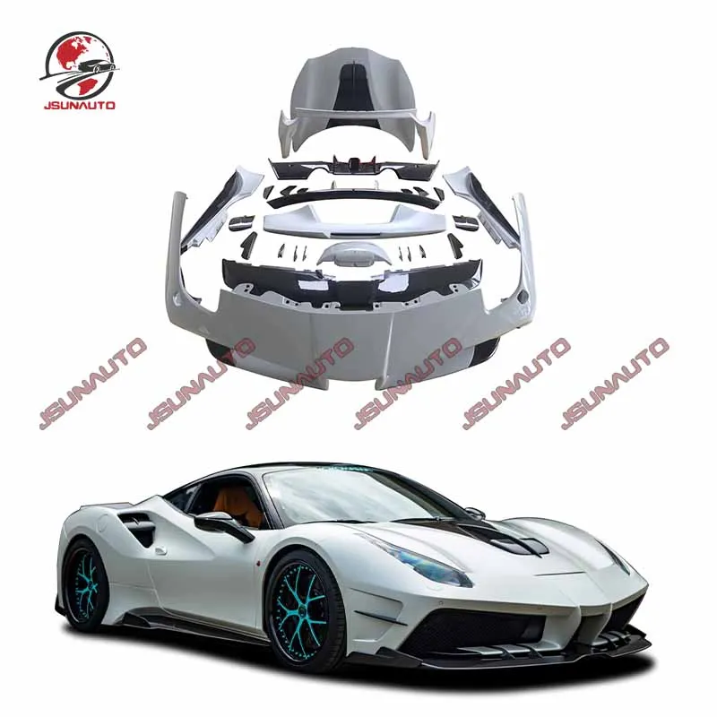 Aerodynamics Set For Ferrari 488 GTB Fiberglass Front Bumper Side Skirts Rear Bumper Lip Carbon Fiber Engine Hood Bonnet For 488