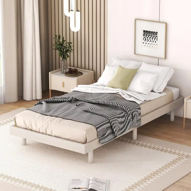 Modern Twin Size Floating Bed Frame, White Washed Finish, Stylish Platform Design