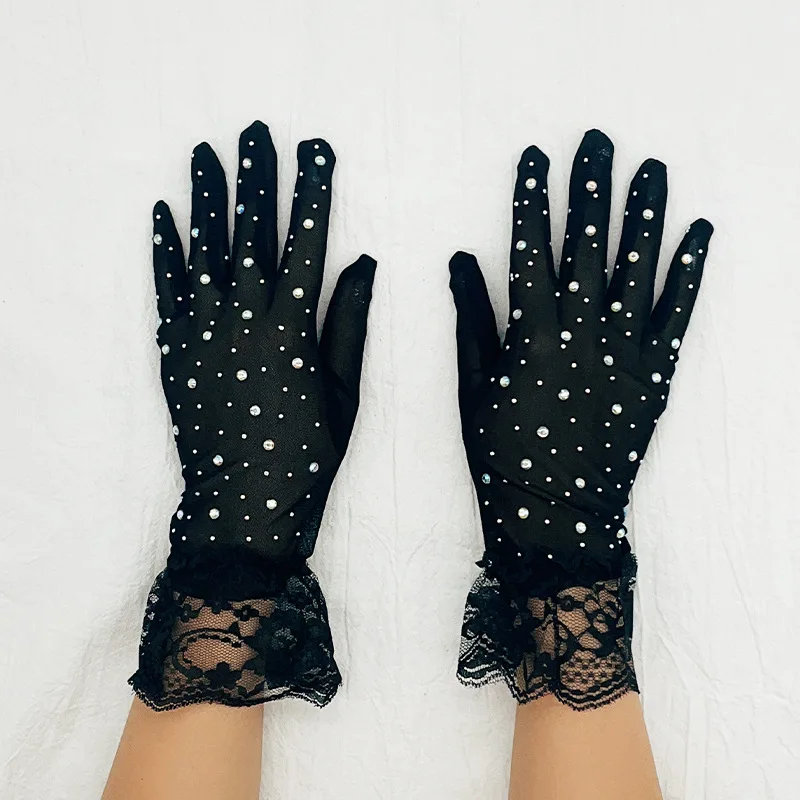 

Summer Outdoor Sunscreen Halloween Makeup Ball Thin Short Elastic Flash Diamonds Punk Stage Performance Women's Lace Gloves