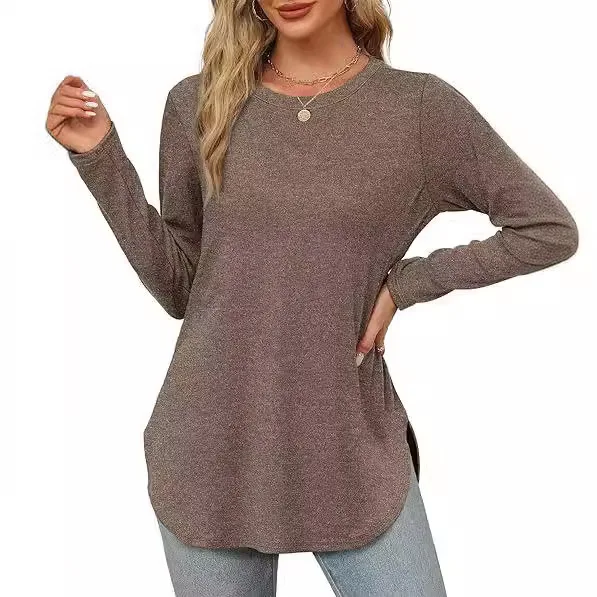 2024 Spring Autumn Women\'s Undershirt Solid Color Long Sleeved Top Round Neck Loose Casual Bottom Shirt Soft Comfy Top Women