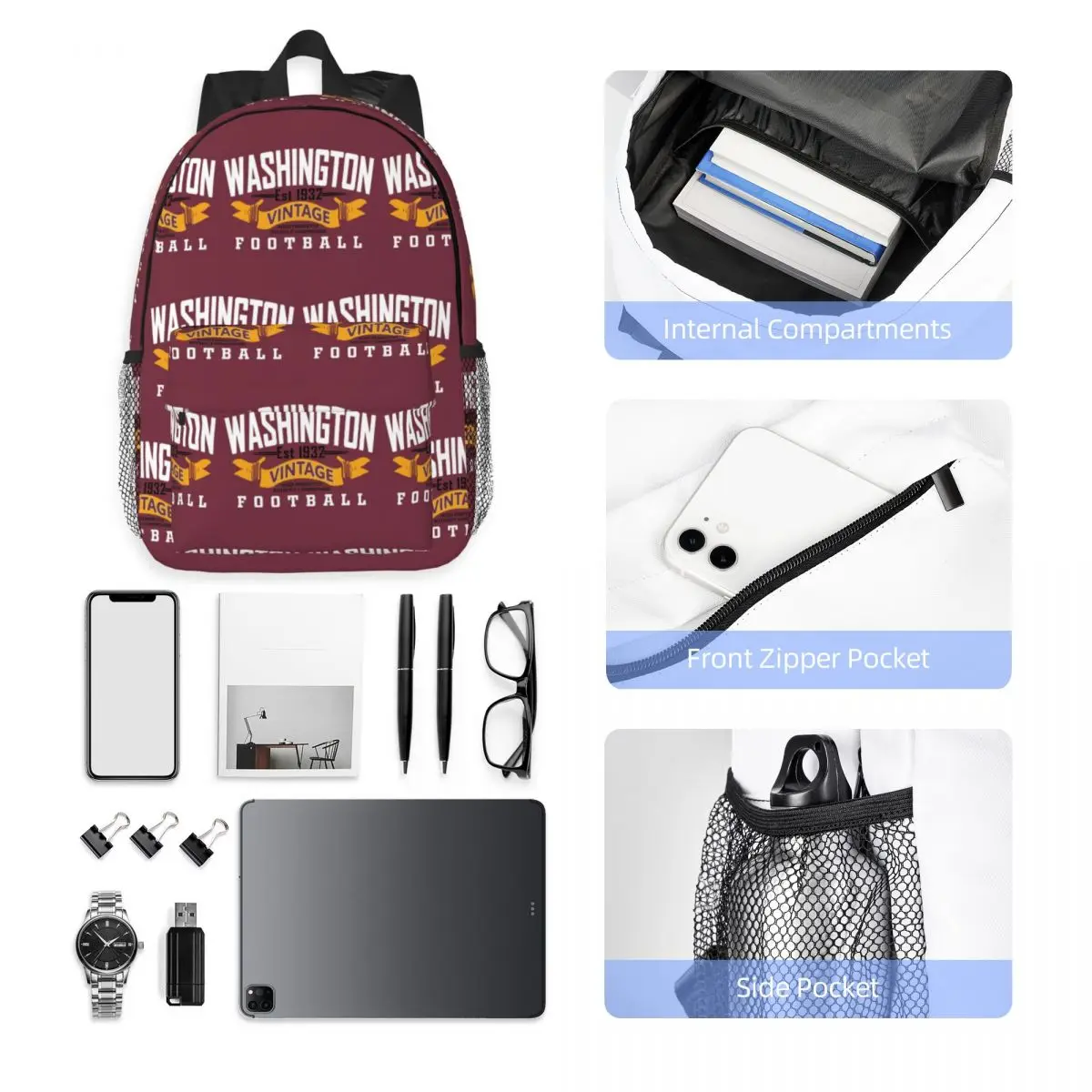 Washington Pro Football Washington Commanders Zaini Ragazzi Ragazze Bookbag Borse da scuola per bambini Zaino per laptop Borsa a tracolla