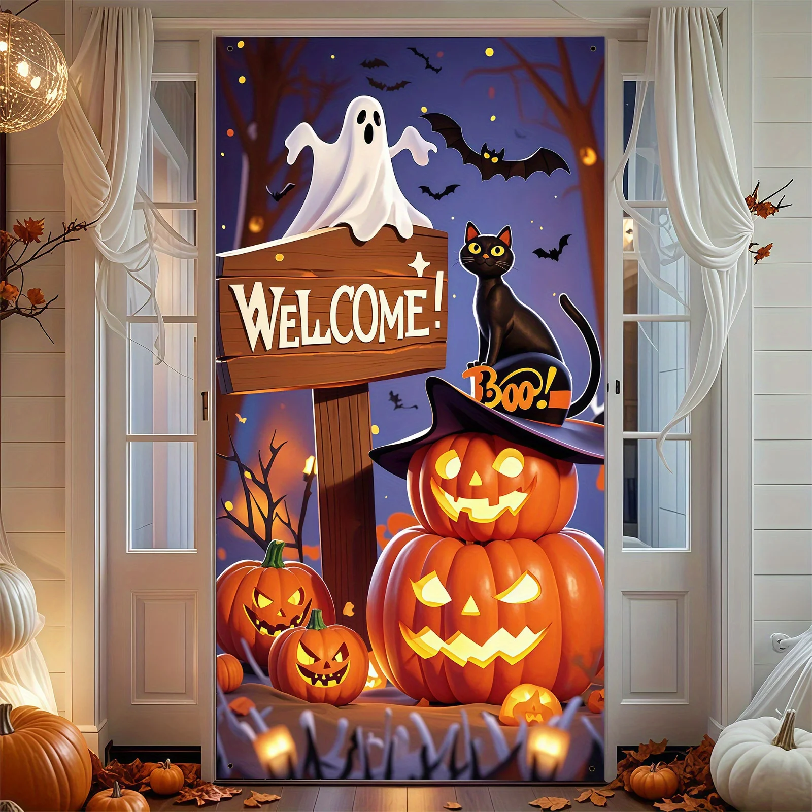 โลโก้ปาร์ตี้ฮาโลวีน 1 ชิ้นพร้อมดีไซน์ที่มีลักษณะเป็นฟักทอง แมวดำ และผี ของตกแต่งฮาโลวีน