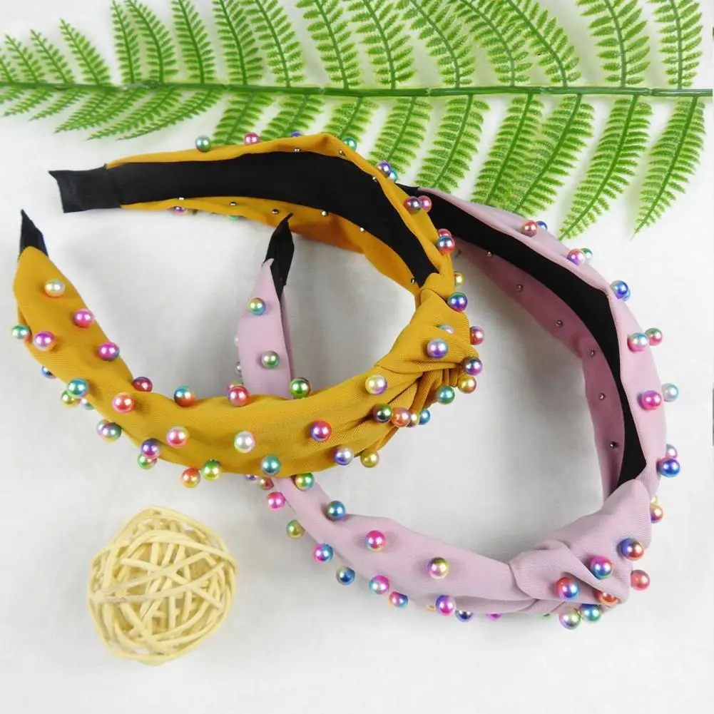 Knot Headband Colorful Elastic Women's Headband with Faux Pearl Embellishments Stylish Wide Band Knot Design for Anti-slip