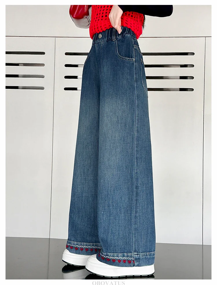 Herbstliche Kinder-Streetwear: Weite Jeans mit Herzsaum für Teenager-Mädchen, Trendige Blaue Denim-Hosen, Lockere Kinderhosen – Detail 4
