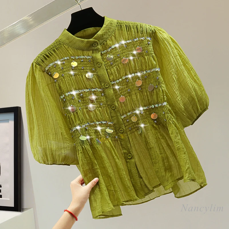 Beads Rhinestones Puff Sleeve Chiffon Sun Protection Blouse 2024 Summer Top Pleated Sequined Stand-up Collar Green Shirt