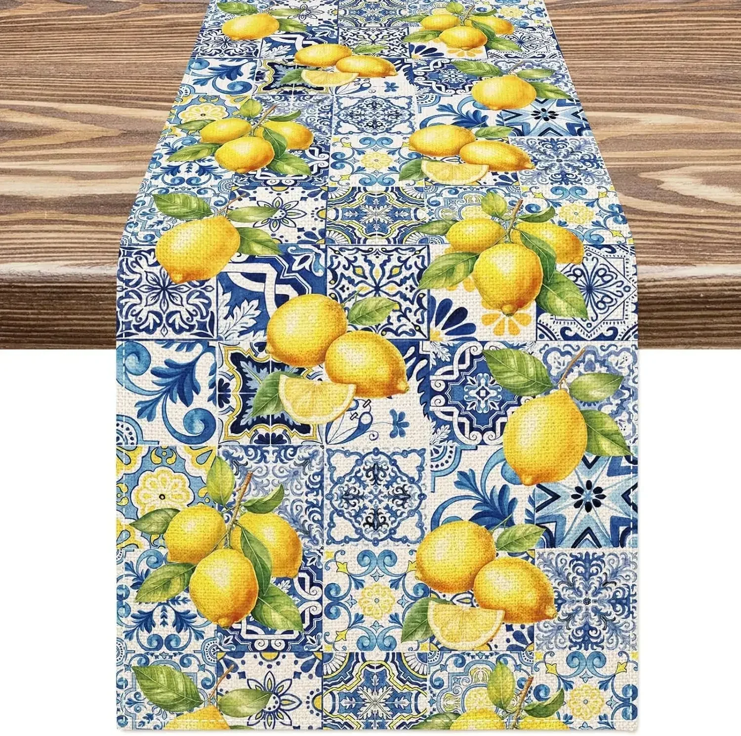 Blue Yellow Lemon Linen Washable Table Runners Decor For Farmhouse Kitchen Dining Summer Holiday Party Decor