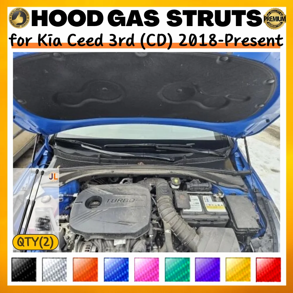 

Комплект из 2 амортизаторов капота для Kia Ceed 3-го поколения (CD) 2018-наст. время, передние, модифицированные, из углеродного волокна, газовые пружины, упоры для подъема, демпферы