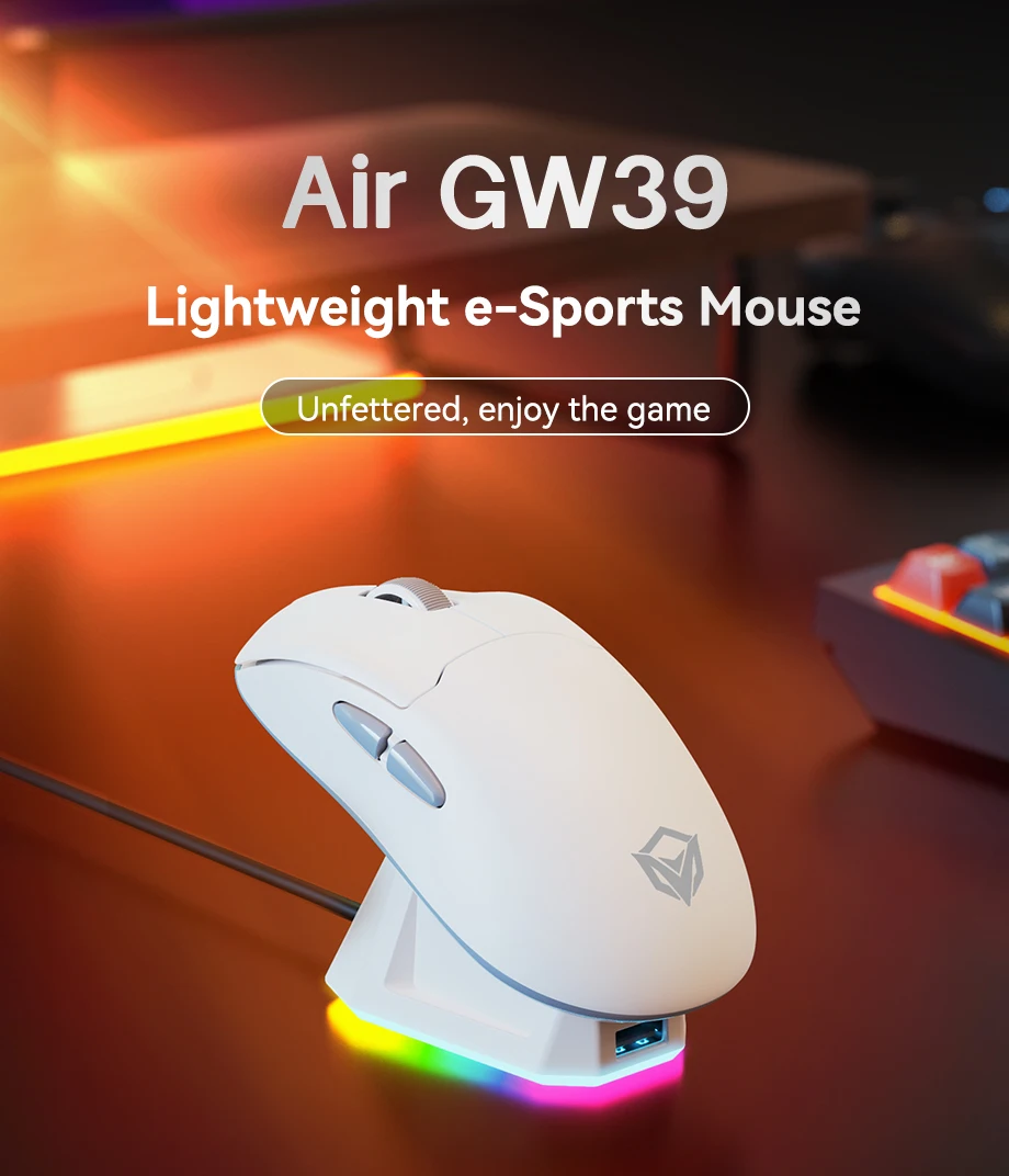 Air GW39 Ultralight Gaming Mouse, PAW3395 26000 DPI, Tri-Mode, Teflon Feet, RONO Switches, RGB Dock, for Claw/Palm Grip
