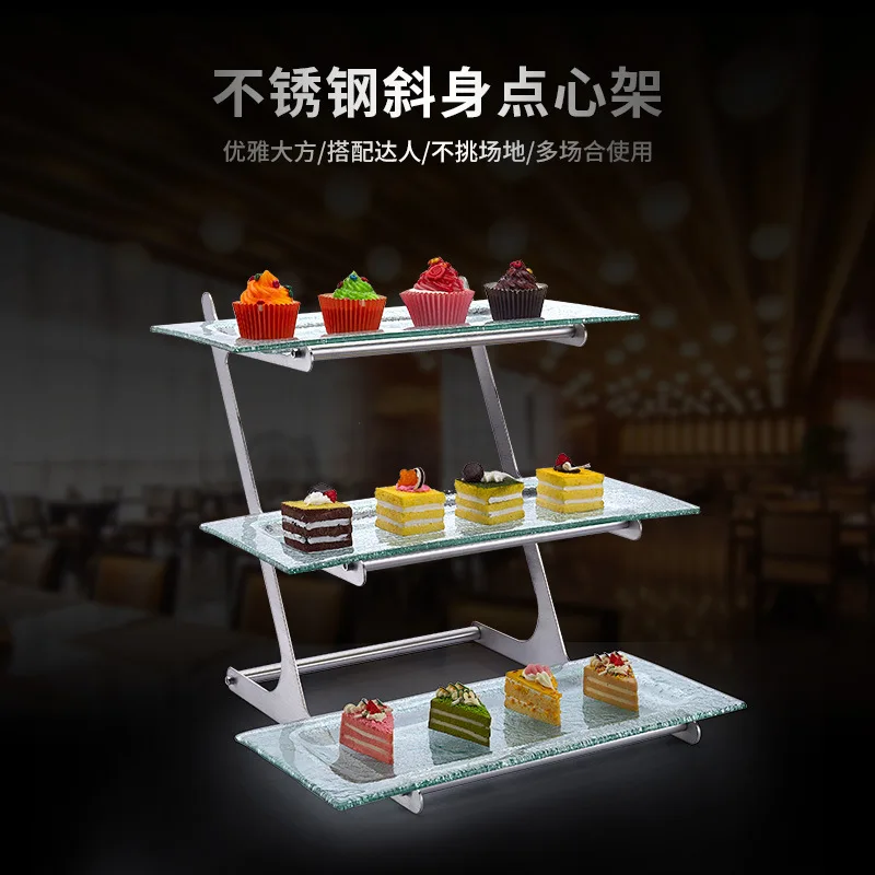 

Creative slanted three-layer glass dessert display rack, multi-layer cake fruit snack rack, stainless steel buffet fruit plate