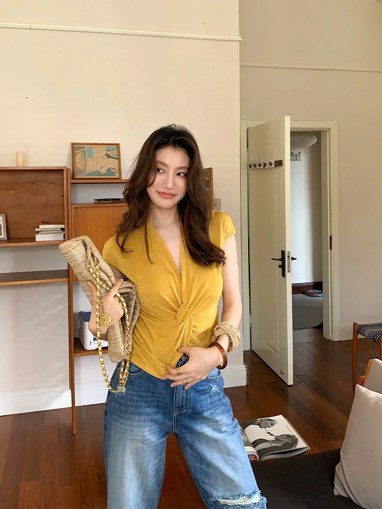 

Dragon Xier Sexy Deep V-Ne Knot Top Women's Summer Original High-End Slim Fit Svel irt J205 Asymmetric Polyester Fiber