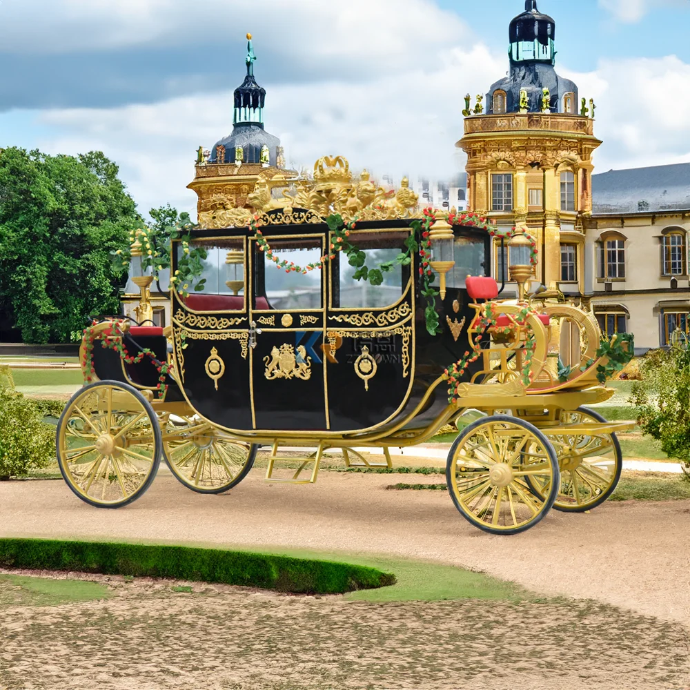 New Design Custom Luxury Horse Drawn Royal Carts Manufacturer Wedding Royal Sculpture Horse Wagon