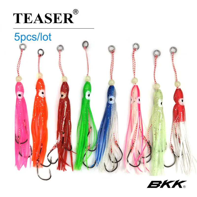 TEASER 5pcs Assist Hooks With Squid Skirts Inchiku Assist Hooks Large Size Jig Octopus Squid Snapper Jig Hook 12cm Soft Bait