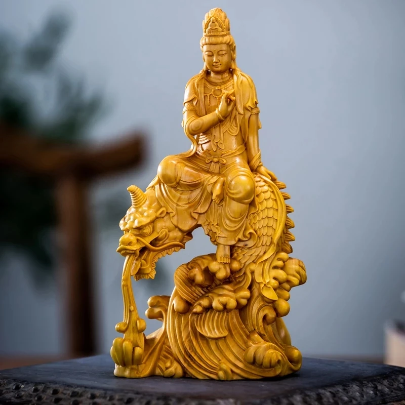 Boxwood 15Cm Guan Yin Patung Kayu Patung Naga Guanyin Bodhisattva Doa Feng Shui Dekorasi Rumah