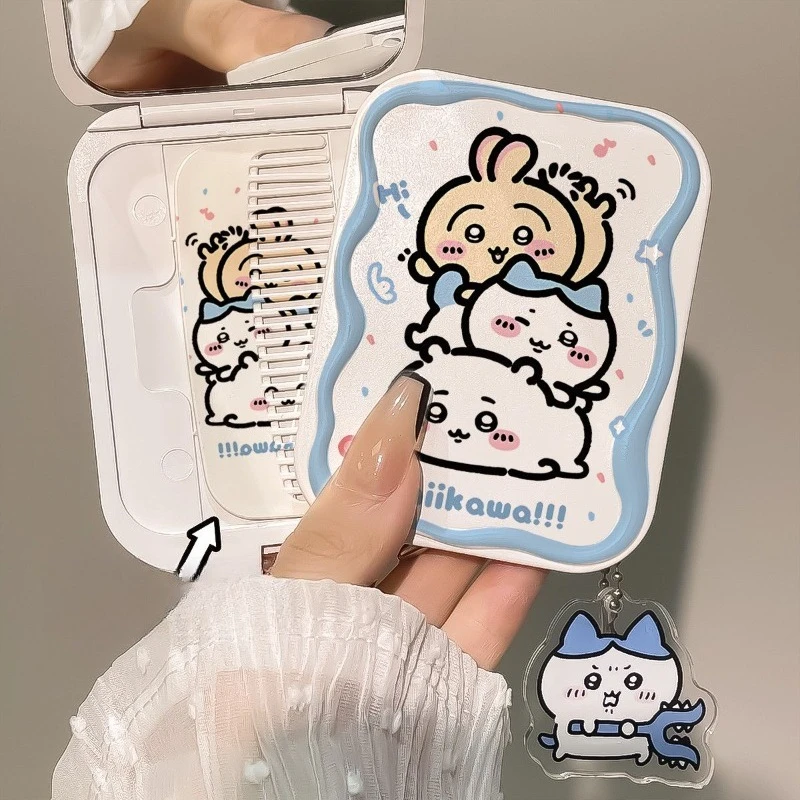 Anime Cartoon Kawaii Chiikawa Usagi Fold Portable Cosmetic Mirror Student Handheld Touch Up Makeup Mirror and Comb Integrated