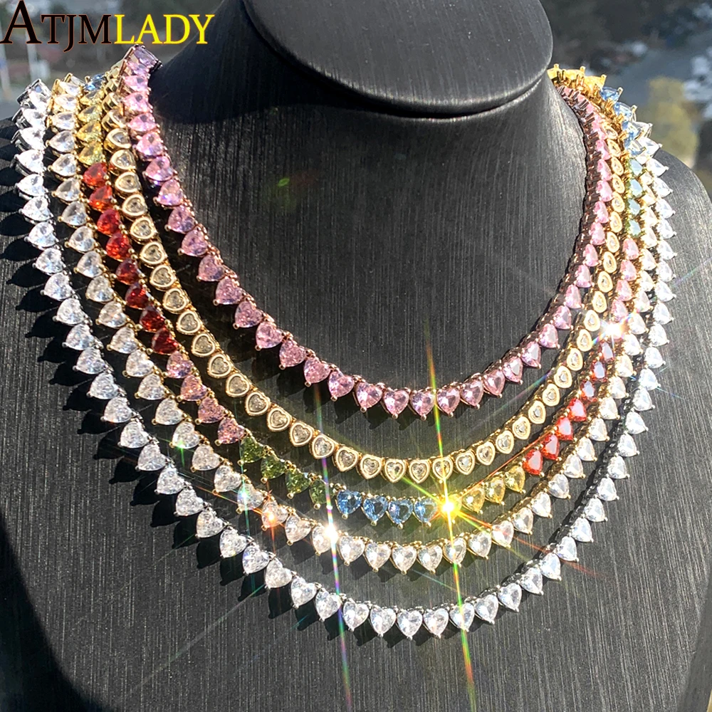 Wholesale 5A Heart Shaped Iced Out Bling Pink White CZ Tennis Chain Necklace for Women Girlfriend Valentine's Fashion Jewelry