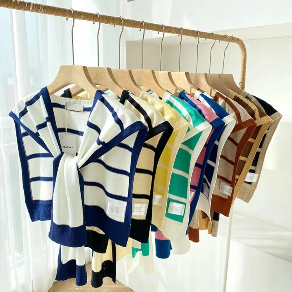 

Вязаная Шаль в полоску унисекс, накидка в Корейском стиле, шарф на плечо, молодежная блузка из полиэстера с защитой шеи, лето