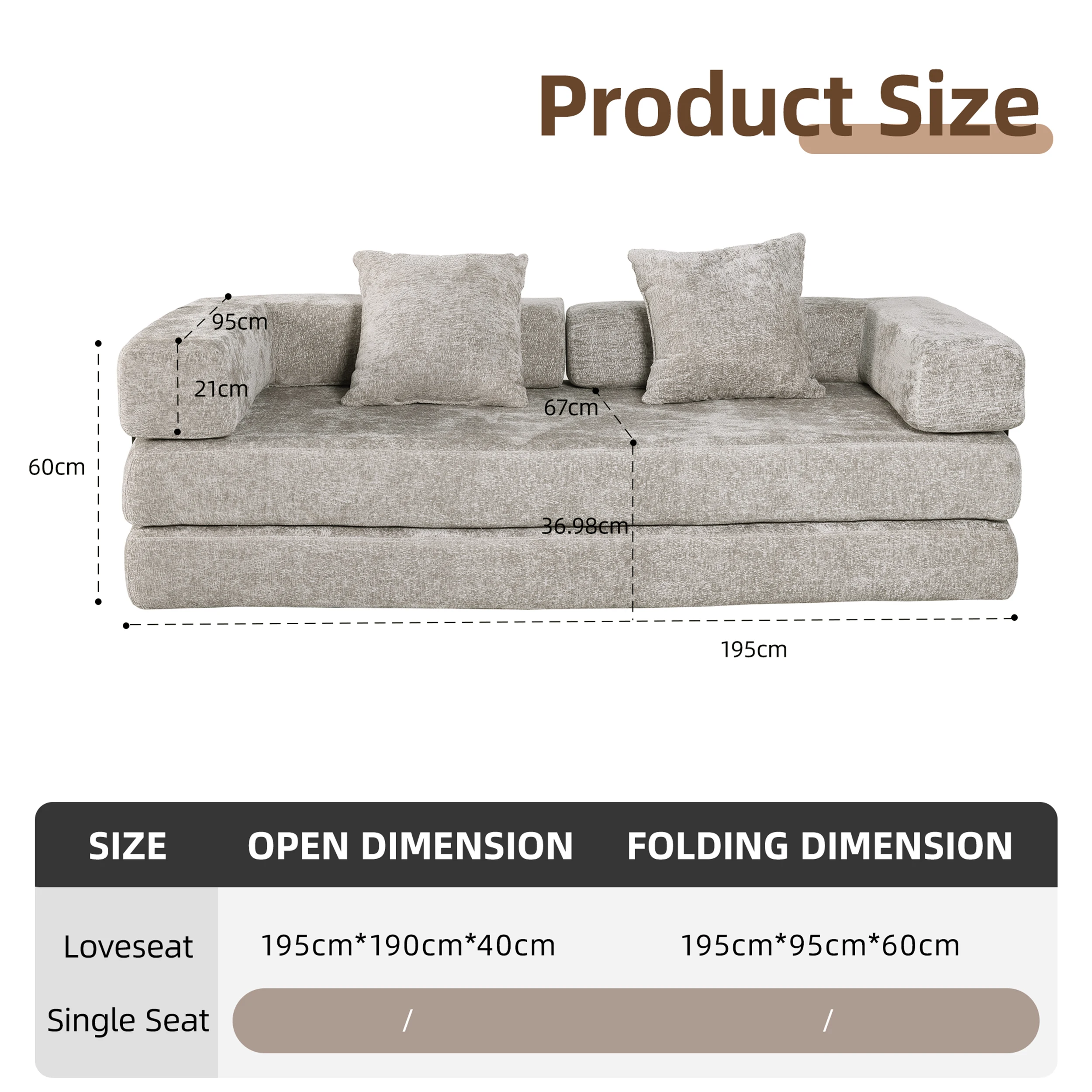 Sofá-cama compressível de chenille cinza claro, 3 em 1, sem necessidade de montagem, sofá de chão dobrável, sofá de loveseat macio para sala de estar