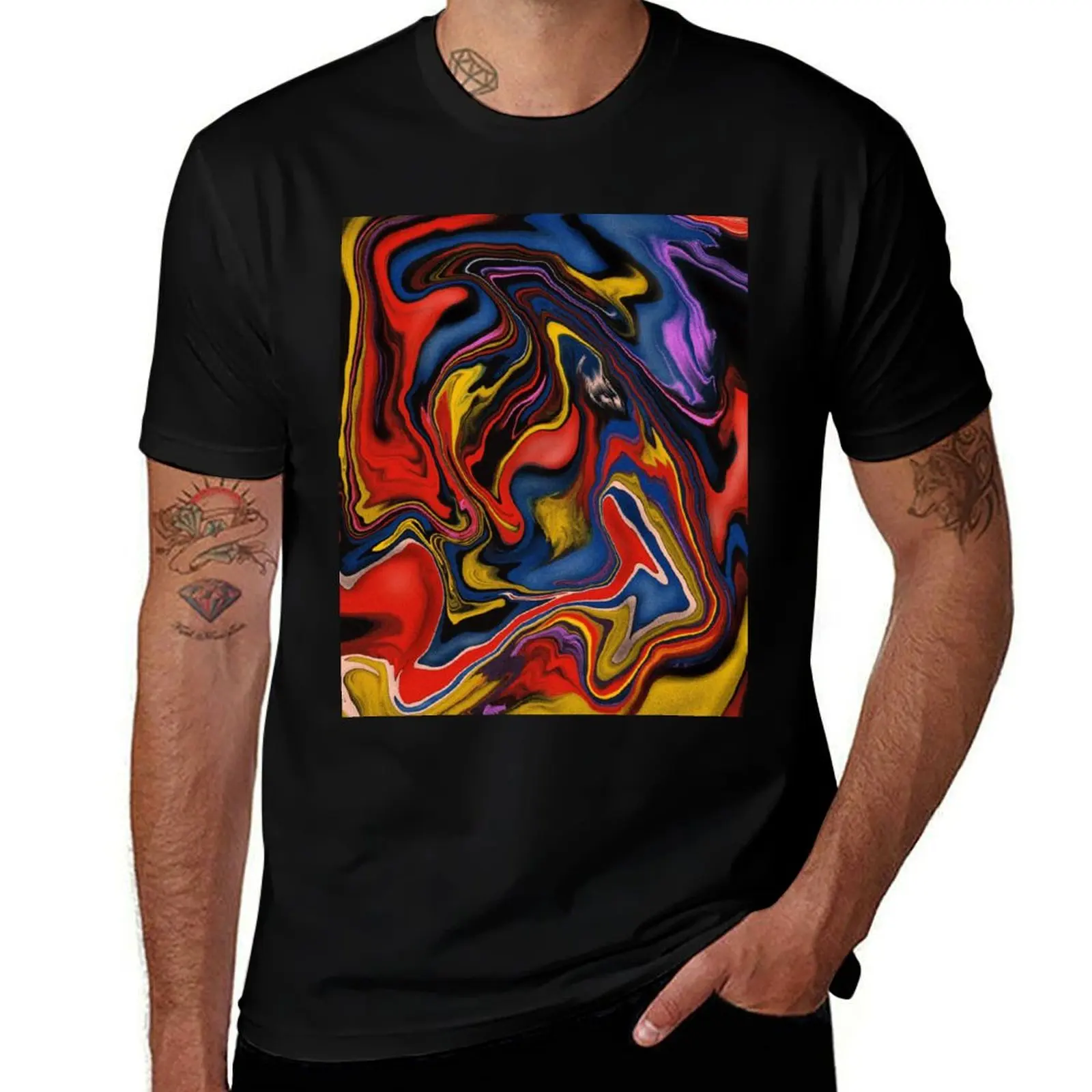 Abstract Blue, Red and Yellow Marbled Liquid Painting T-Shirt Fashion Print Casual Short Sleeve T-Shirt