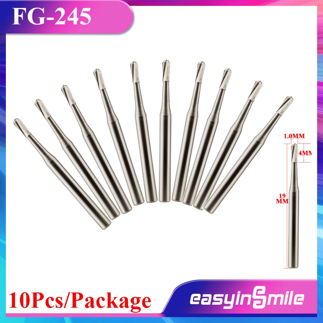 EASYINSMILE 10Pcs Dental Carbide Burs Tungsten Steel FG-245 Friction Grip Drill For High Speed Handpiece 1.0*19mm