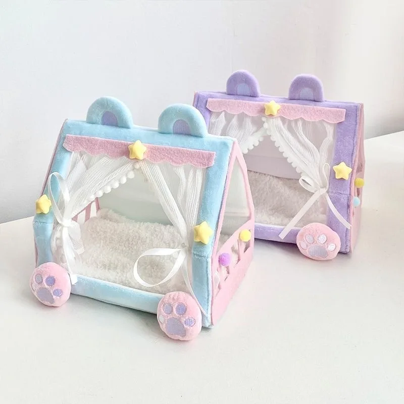 Plush Mini Doll Tent Bed 10cm Soft Fluffy Doll Sleeping House With Curtain Cute Pet Paw Decor Doll Display Accessory For Plush