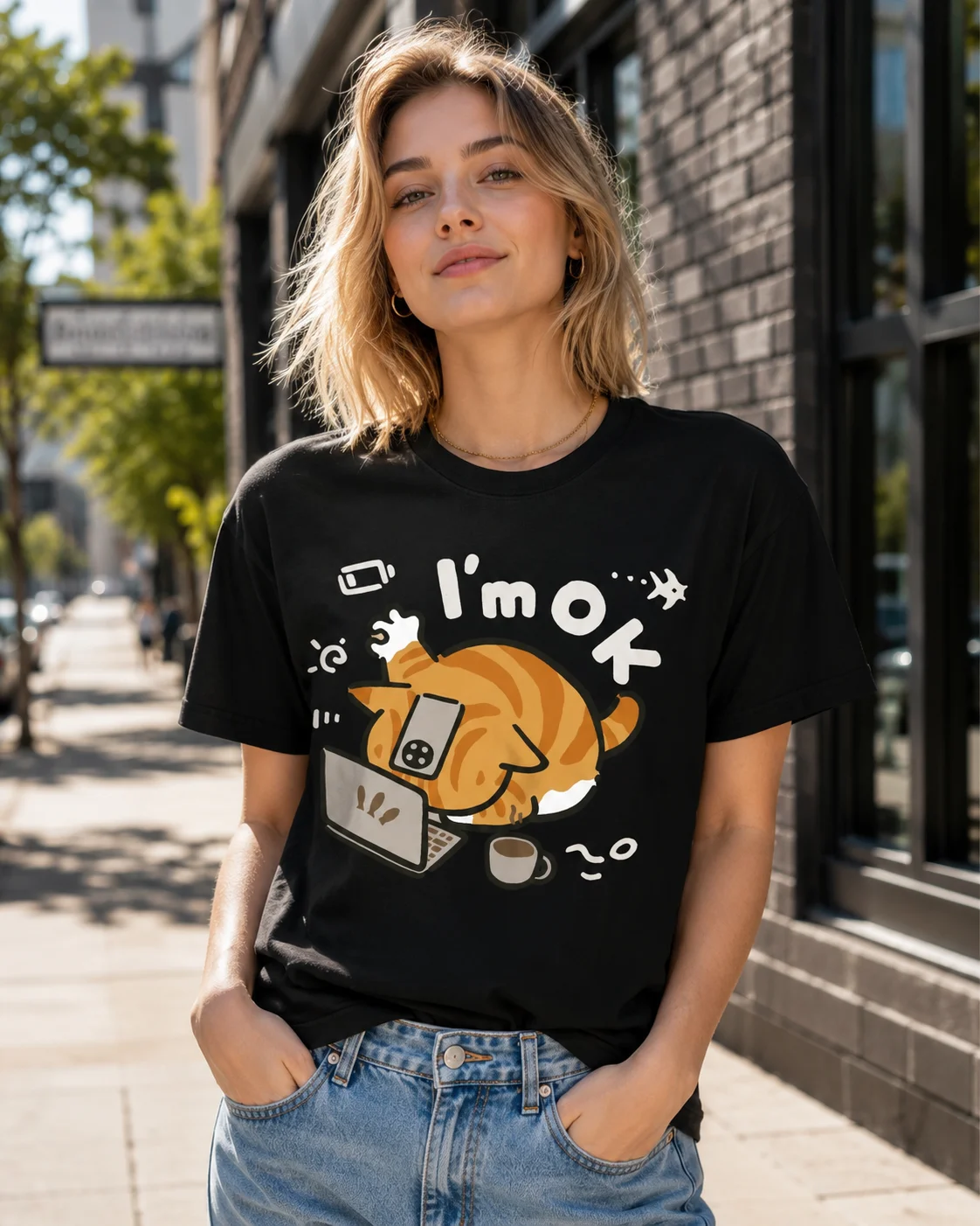 The Little Orange Cat Thinks It Can Still Hold on Print Women Tee Shirt T-Shirts Fashion Harajuku Kawaii T-shirt Y2K Clothing
