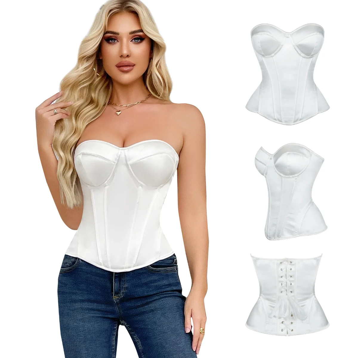 

White Elegant Wedding Corsets Women Strapless Sexy Bones Overbust Push Up Bra Body Shaping Corset Bodices Shapewear Court Korset