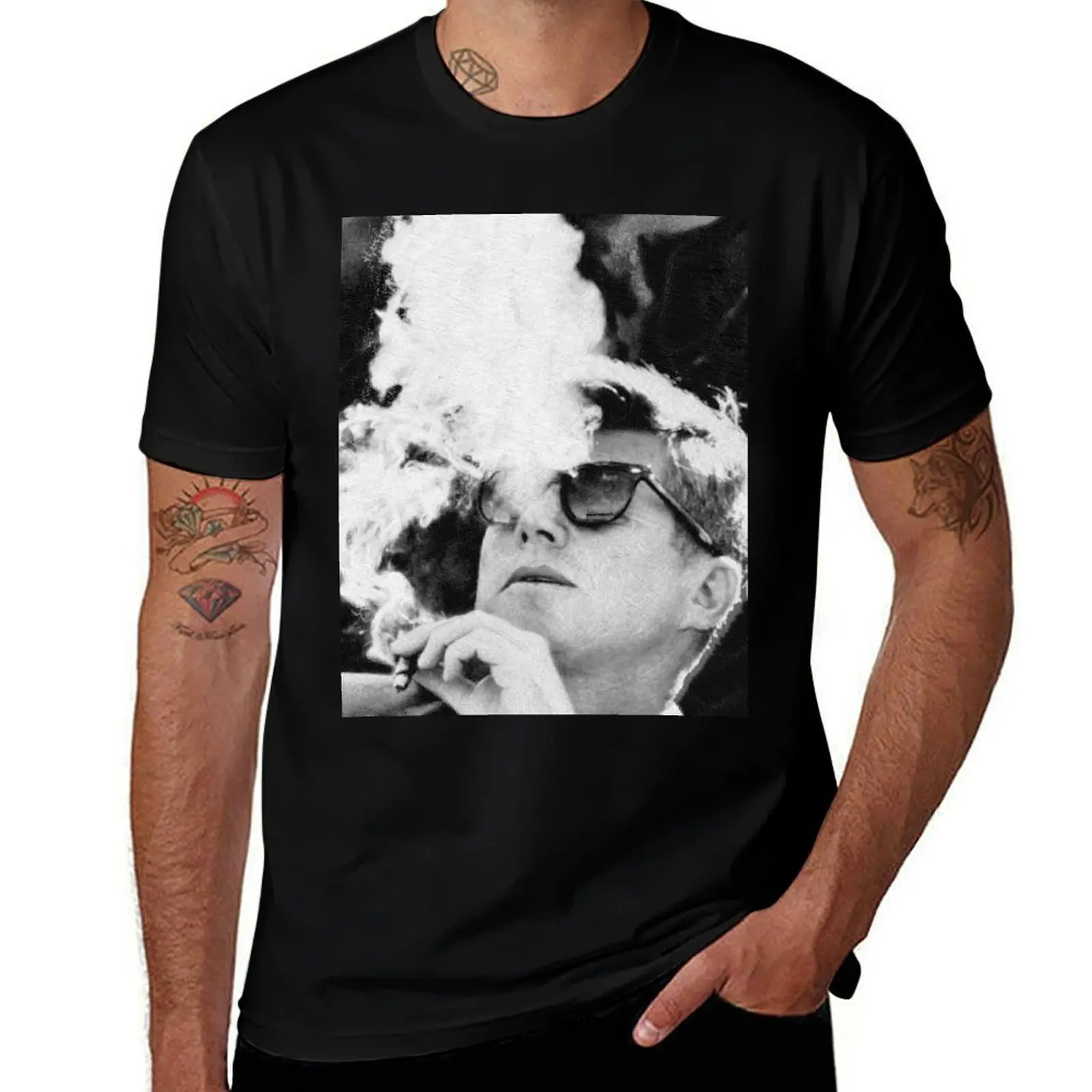 

John F Kennedy Cigar And Sunglasses Black And White JFK T-Shirt All Match Print Short Sleeve Top