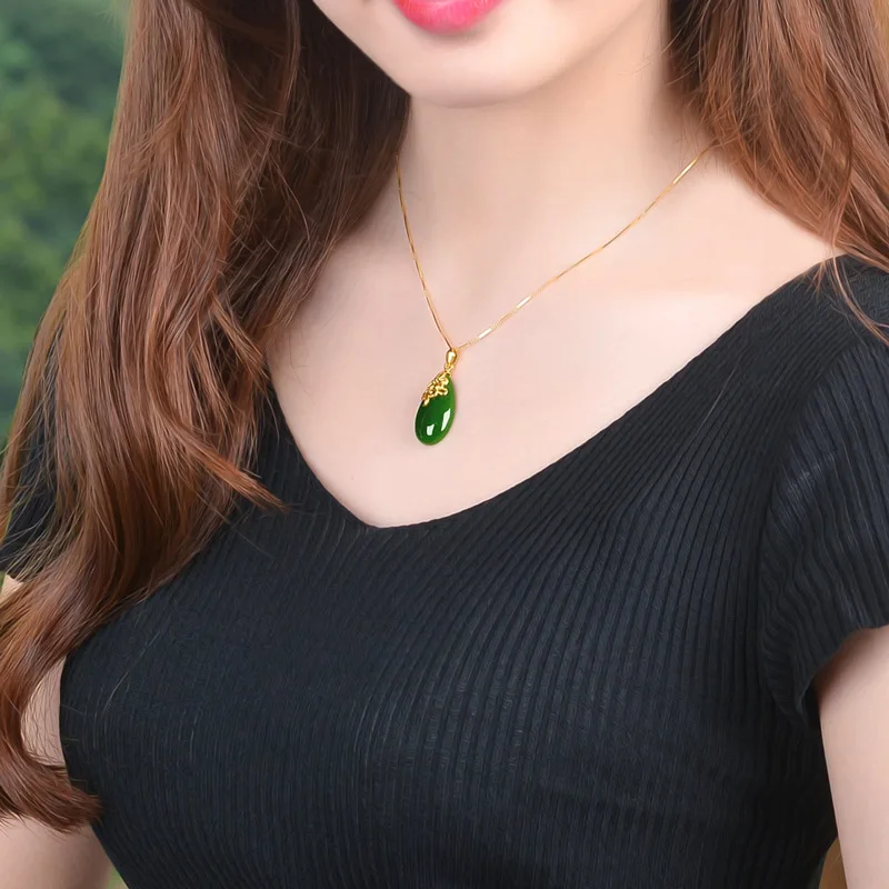 New Elegant High-End Water Drop Shape Hetian Jasper White Jade -Plated 24K Gold Color Pendant Necklace for Women