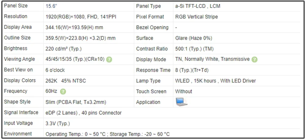 B156HTN03.9 15.6 inch LCD Screen Slim Panel FHD 1920x1080 141PPI EDP 40 pins 45% NTSC 60Hz 220 cd/m² (Typ.) Non-touch