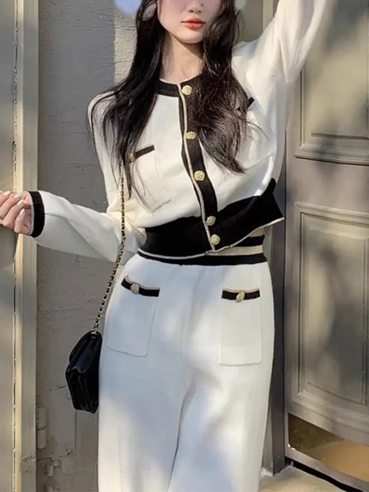 Fashion Commuter Knitted Suit Women 23 Autumn Winter O-Neck Pocket Gold Button Long Sleeve Cardigan+Wide Leg Pants Two-Piece Set