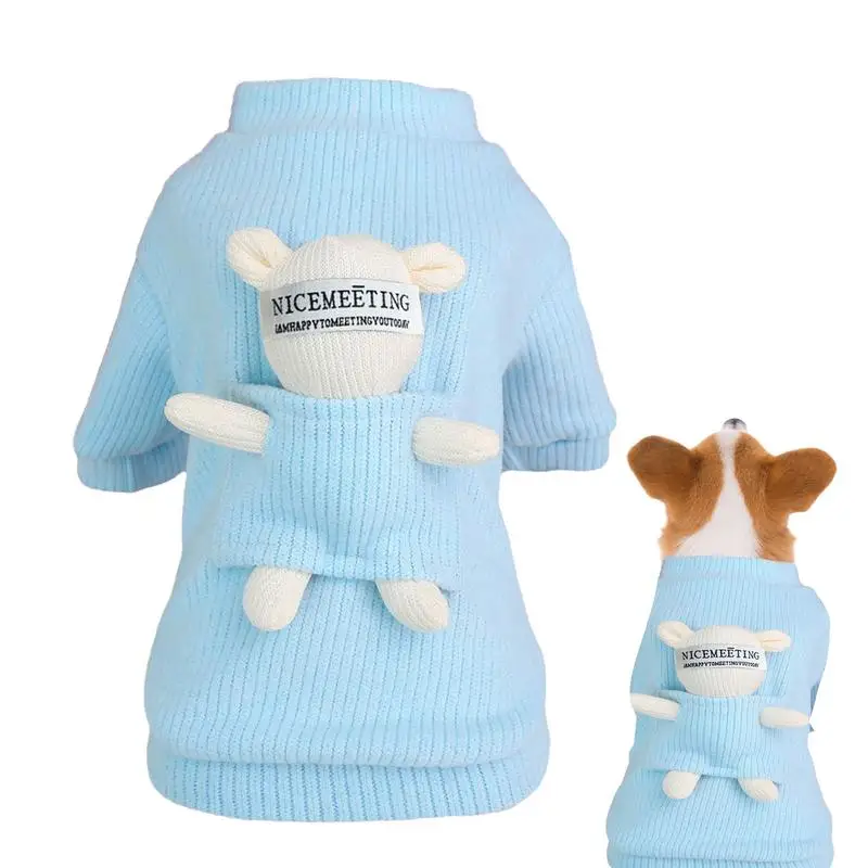 Small Dog Sweater With Bear Doll Turtleneck Knitted Cat Outfits Thick Autumn Puppy Clothing Turtleneck Cat Outfit For Outdoor