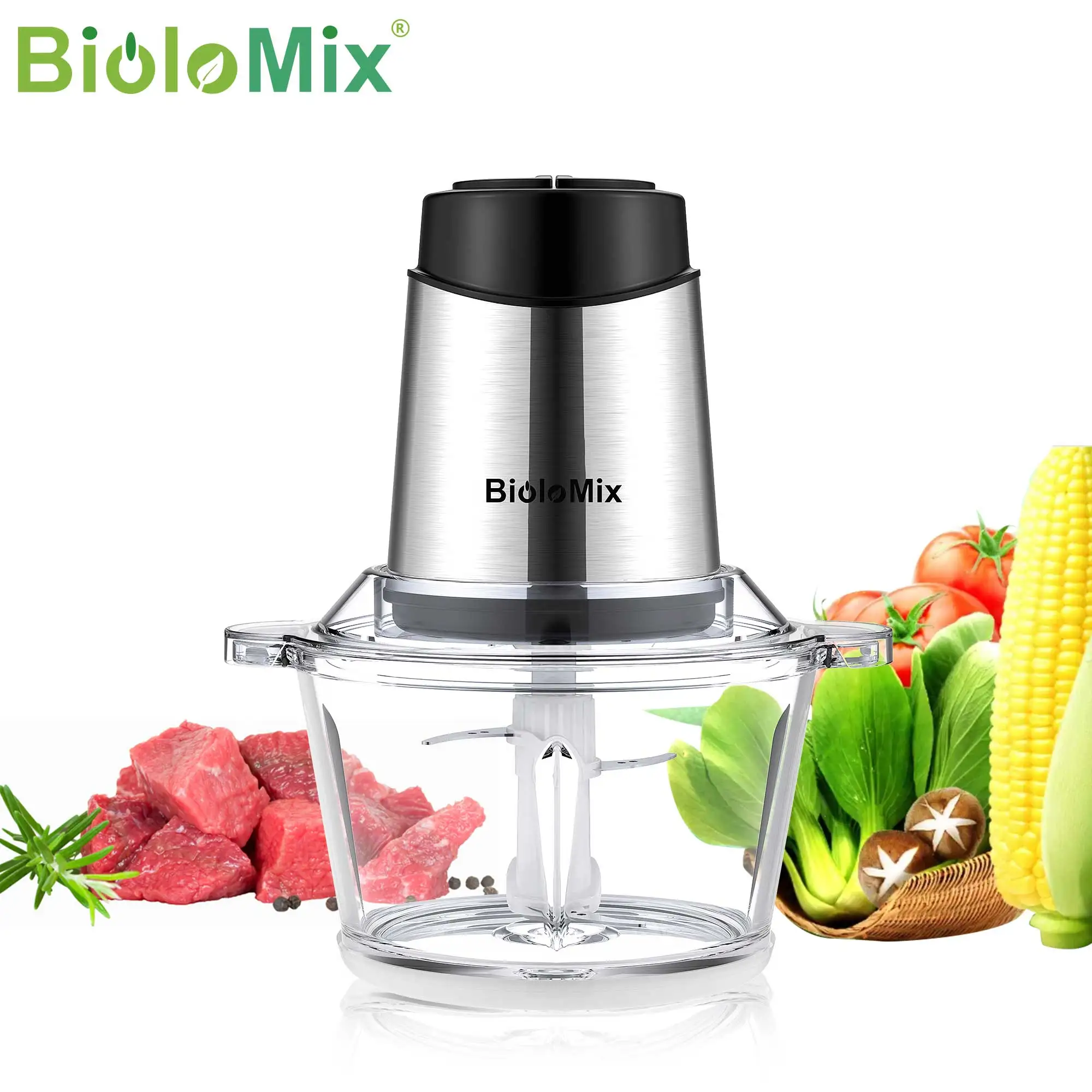 BioloMix 1.8L Glass Bowl Food Processor Chopper Two Speeds  Meat Grinder For Babyfood Vegetables Onion Garlic