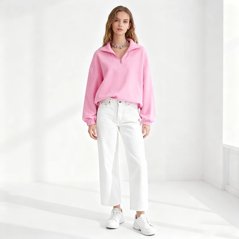핑크 가을 겨울 후드티 여성 긴팔 양털 두꺼운 지퍼 라펠 풀오버 스웨트셔츠 스트리트웨어 루즈핏 여성 후드