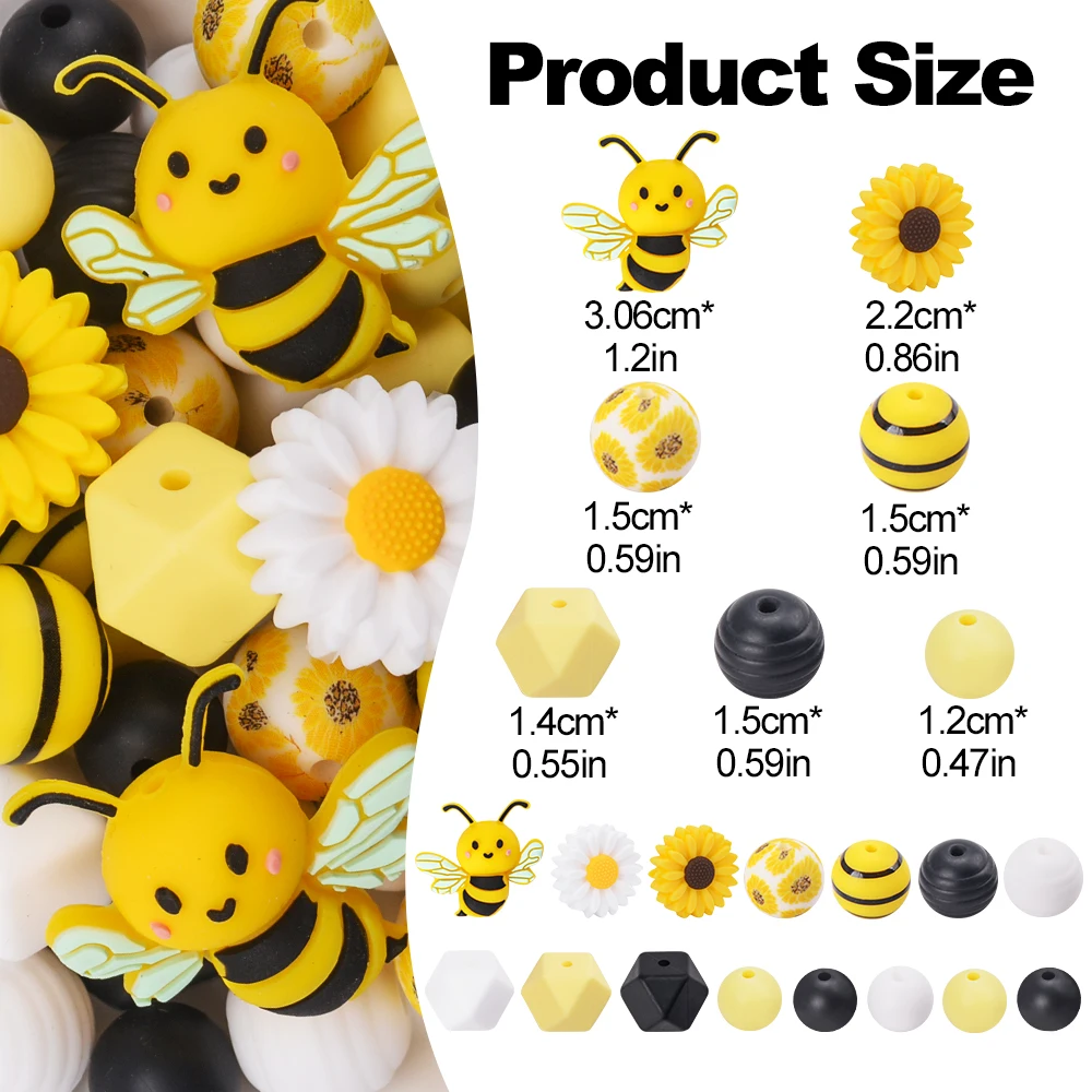 LOFCA 60Pcs silicone sunflower beads round bee beads mix for DIY necklace Teething For Infant Pacifier chain accessories beads