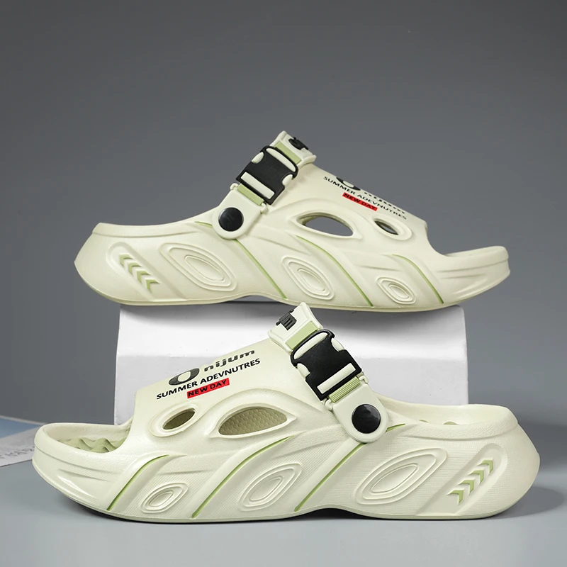Fashion Men Thick Cushioned Sports Slide Slippers Non‑slip Soft EVA Hollow Adjustable Heel Strap Home Outdoor Casual Sandals