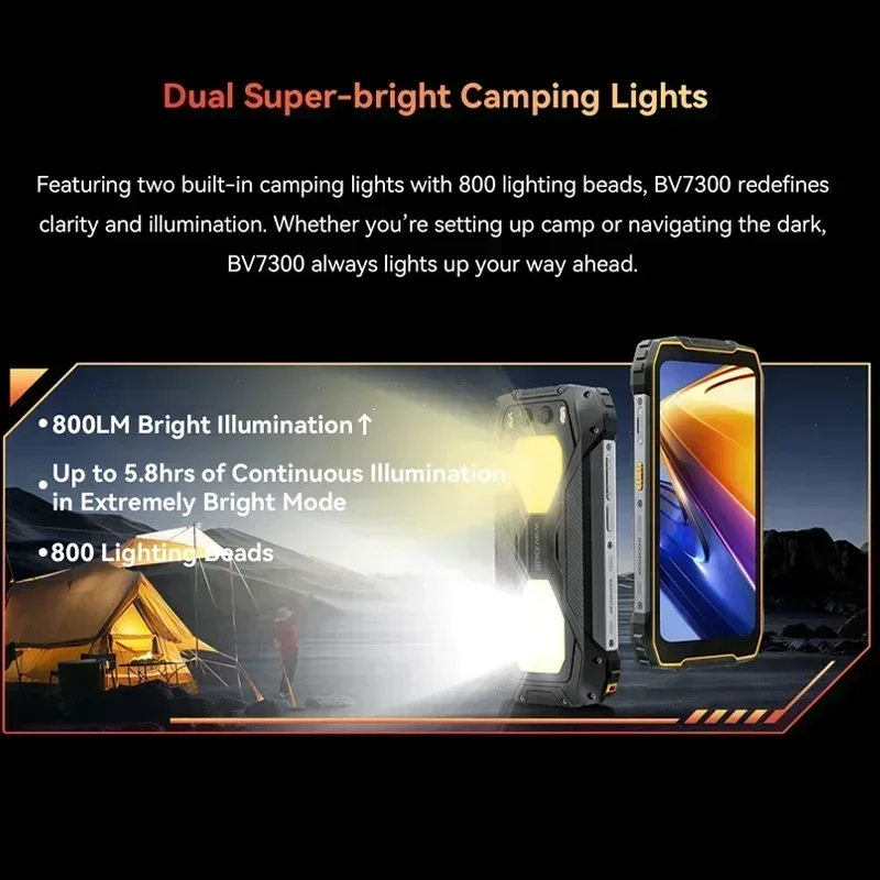 Blackview 견고한 스마트폰, 6.67 인치 HD + IPS, 90Hz 디스플레이, 듀얼 캠핑 라이트, 15000mAh 45W 고속 충전 NFC, 안드로이드 14, BV7300