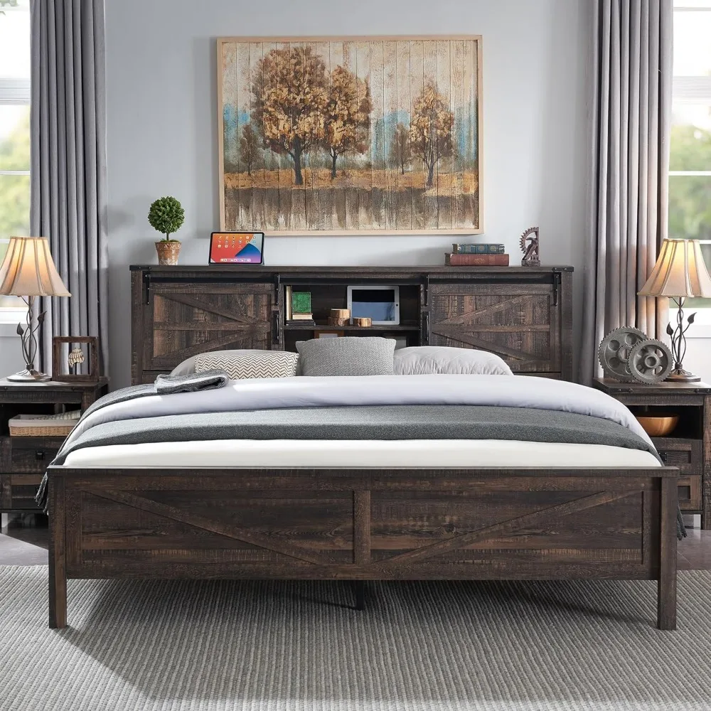 Queen Size Bed Frame W/Storage Bookcase Headboard & Charging Station &  Sliding Barn Door, Platform Bed, Bed Frame