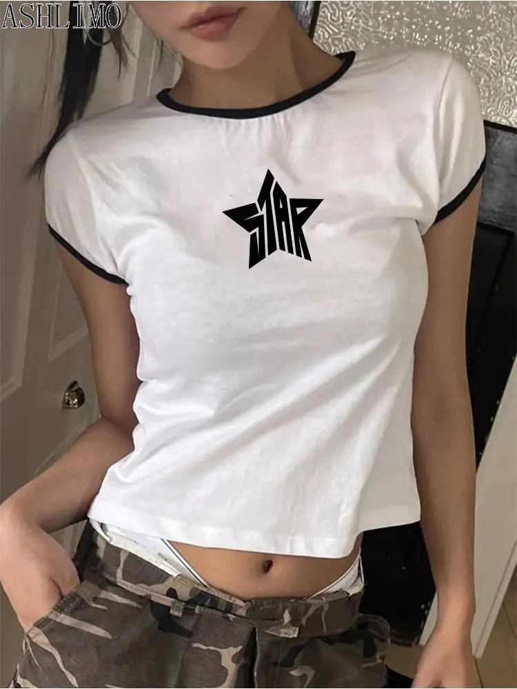 T-shirt manches courtes pour femmes, haut court, Y2K Y-Retro, étoiles imprimées, mode décontractée, été, nombril court, vêtements sexy