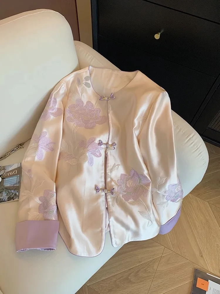 Ele rond Ne Satin brodé Floral Jaet coupe ample femmes Sle chinois traditionnel Faion vêtements d'extérieur pour l'automne