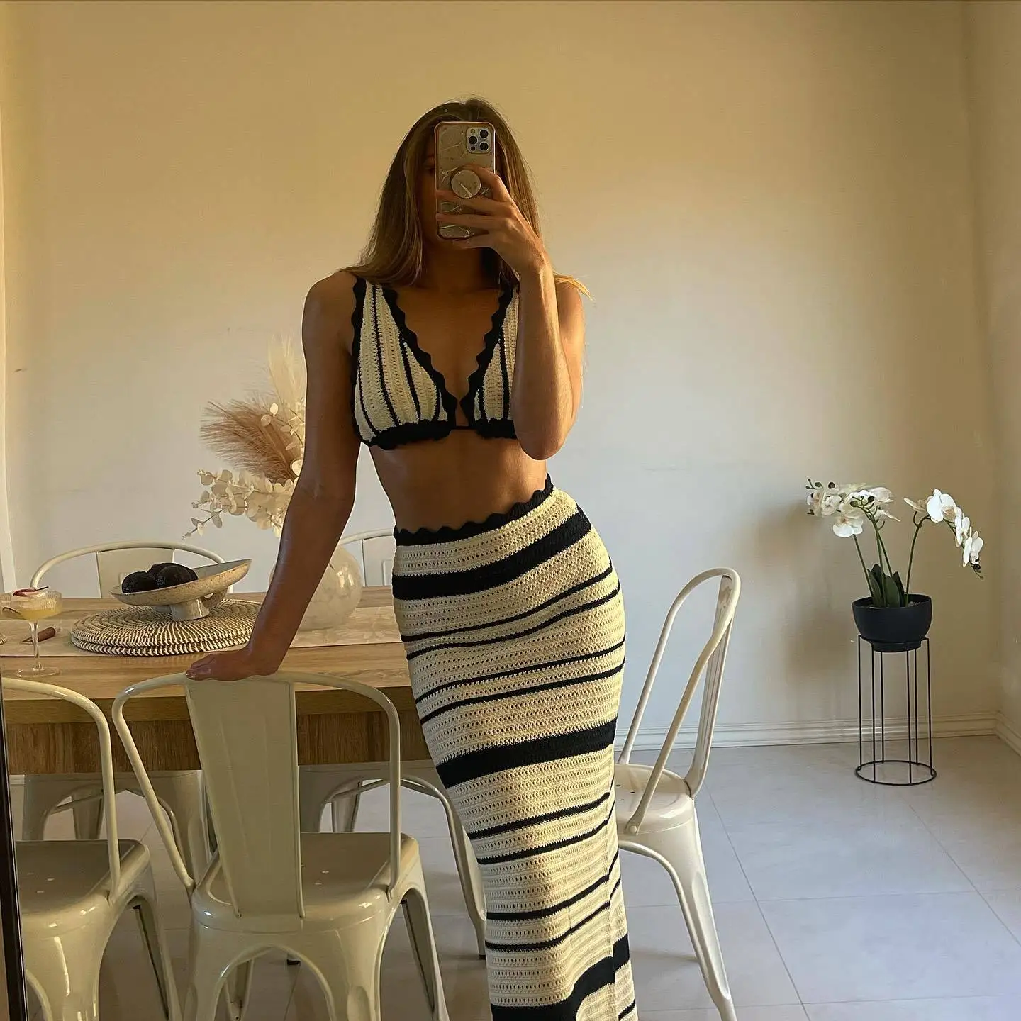 Striped Bikini Tank Women\'s Skirt Summer Casual Knit Halter Set Bohemian Style Beach Long Skirt