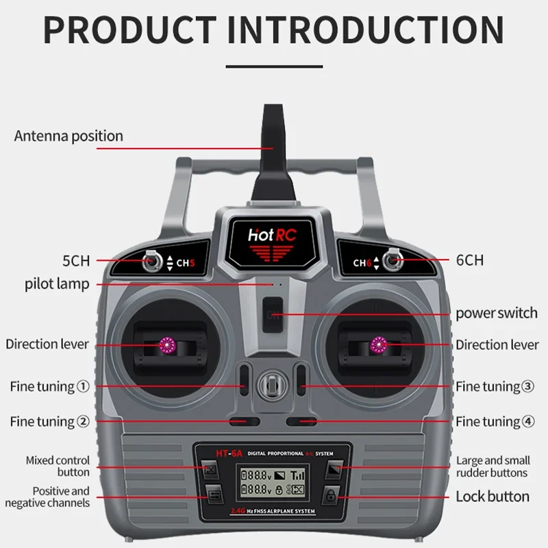 Transmissor de canal Hotrc com controle remoto, asa fixa, modelo de veículo multi-eixo, novo, Ht6a, 2.4ghz, 6ch, Pwm, 2023