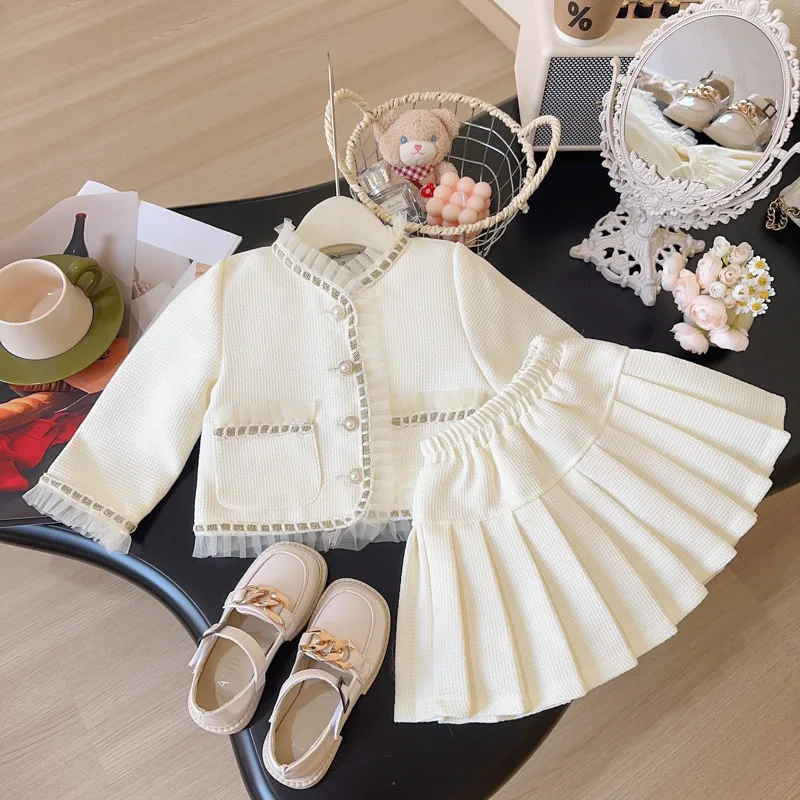 Children\'s Clothing Sets Lace Long Sleeve Coat + Pleated Skirt 2pcs Kids Clothes Girls Outfit Sets 2 To 7 Years Toddler Clothes