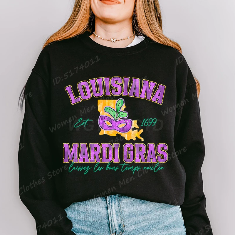 

New Louisiana Mardi Gras Pattern Pullovers Women New Fashion Casual Sports Hoodeless Sweatshirt Ladies Solid Color Oversize Tops