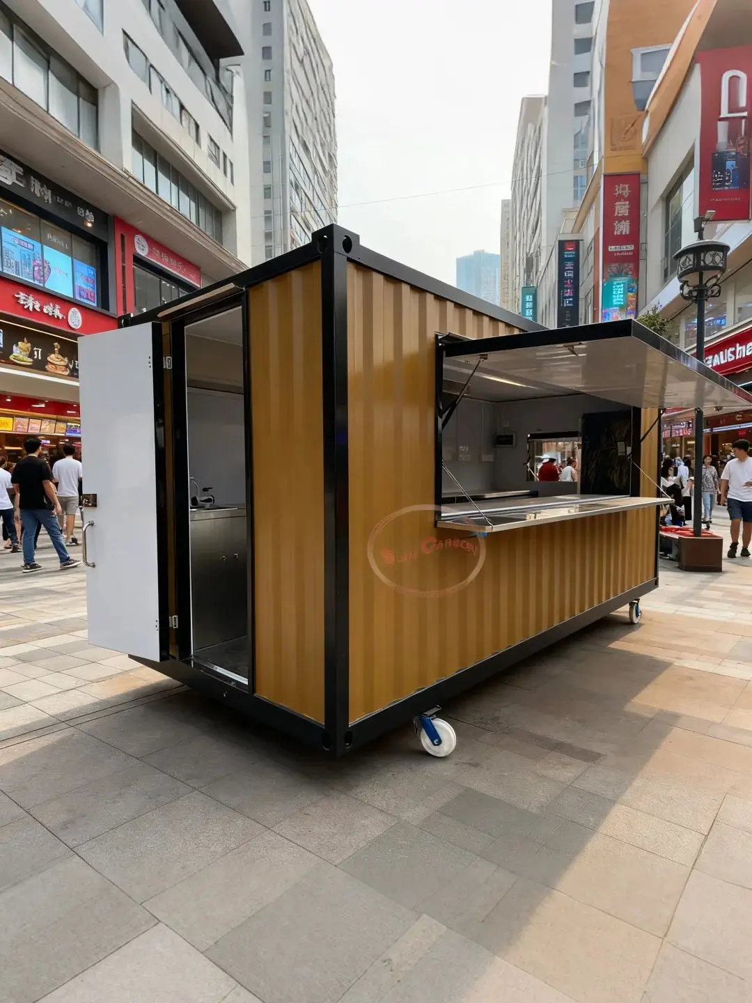 Remolque de comida al aire libre, marco negro, exterior de imitación de grano de madera con ruedas, ventana de servicio plegable móvil y puerta de entrada