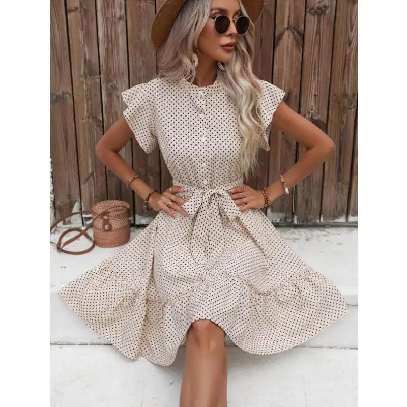 

New Polka Dot Print Ruffle Hem Waist Cinched Dr Ele Casual Sportswear Seven Sve Autumn Season Faion Dr