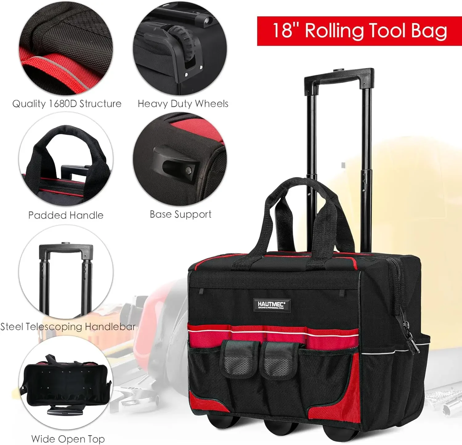 Organizer Set, 18” Waterproof Bag with Wheels,15” Electrician Tote and 12” Wide Mouth Bag 1680D Professional