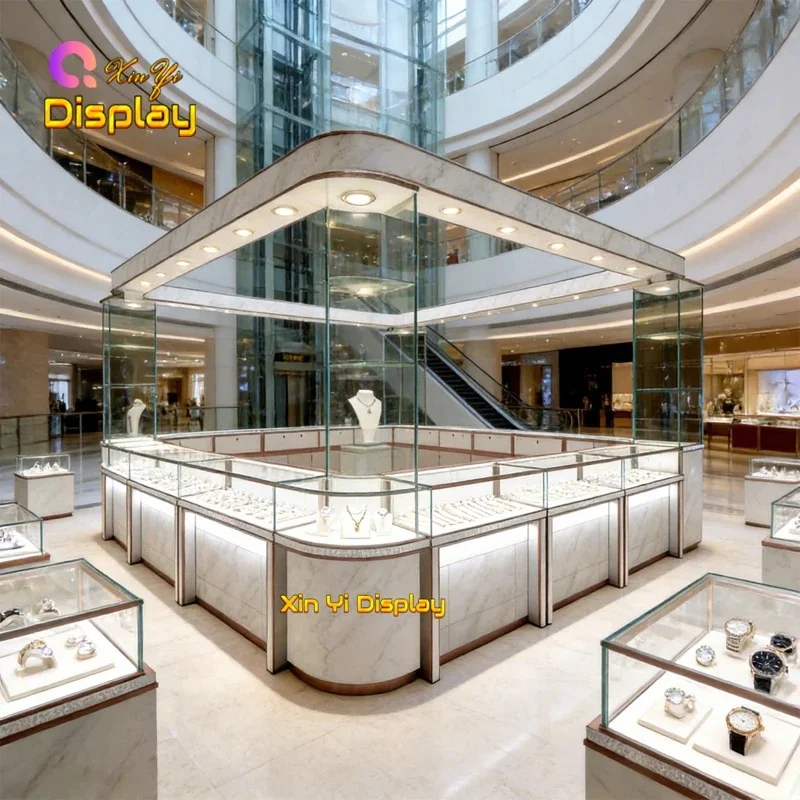 custom.Luxury Golden India Style Heavy Duty Glass LED Lighting Recyclable XINYI Polished Jewelry Mall Kiosk Jew