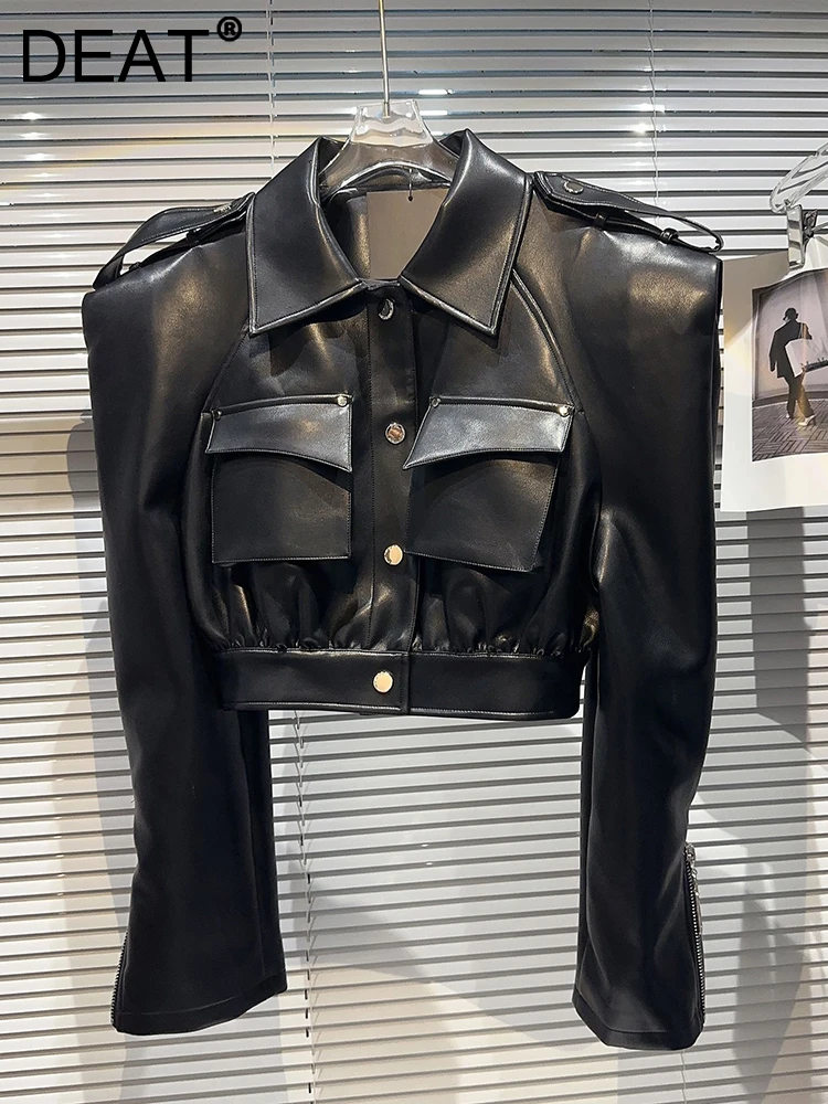 DEAT-abrigo negro de piel sintética con bolsillo para mujer, chaqueta de manga larga con solapa de un solo pecho, novedad de primavera, 2024,