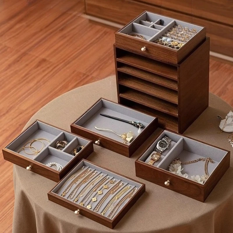 صندوق مجوهرات خشبي فاخر ريترو حلقة تخزين صناديق الزفاف سعة كبيرة عرض المجوهرات عرض الزجاج الشفاف #4