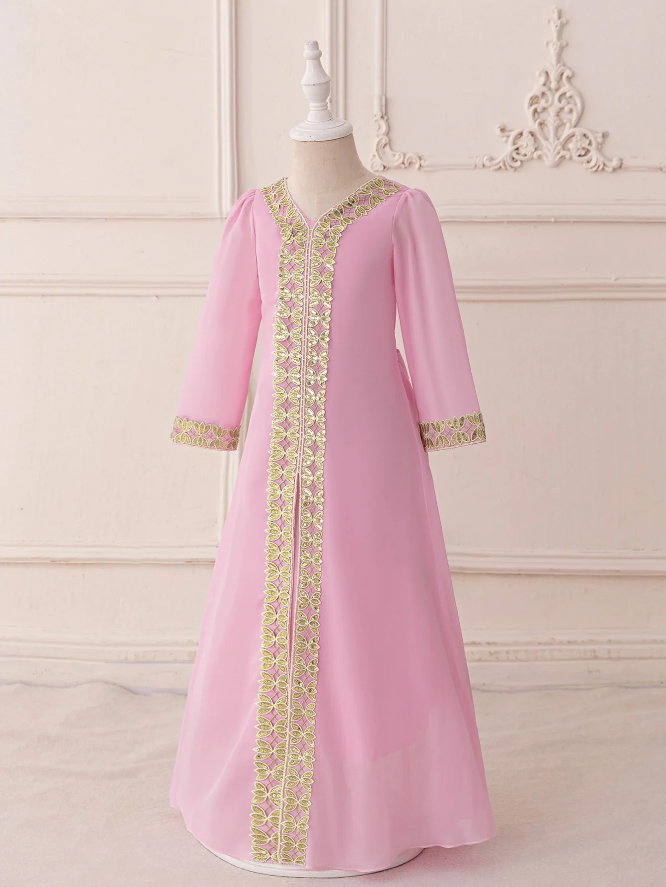 Muslim Chiffon Embroidered Girls Pink Long Dress Robe Dress Saudi Arabian Muslem Long-sleeved Evening Dress Party Princess ASQ03